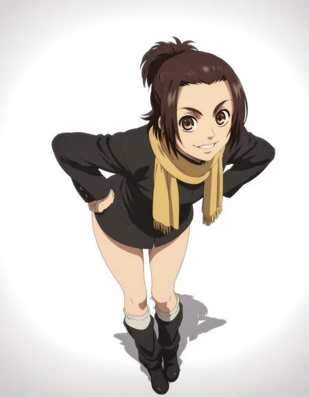 perfect composition, shadows, shading, full body, <lora:anime_screencap-Illustrious:0.8> anime screencap, anime coloring, very aesthetic, absurdres, zPDXL, <lora:Pony_DetailV2.0:0.5> <lora:illustrious_quality_modifiers_masterpieces_v1:1>
<lora:g4b1:1> g4b1, 1girl, single hair bun, brown hair, scarf, female focus, looking at viewer, smile, teeth, defined lips, glossy lips, posing for photo, peace sign, hand on hip, standing, leaning forward,
gakuran, bare thighs, leg warmers, boots,
white background, simple background,
