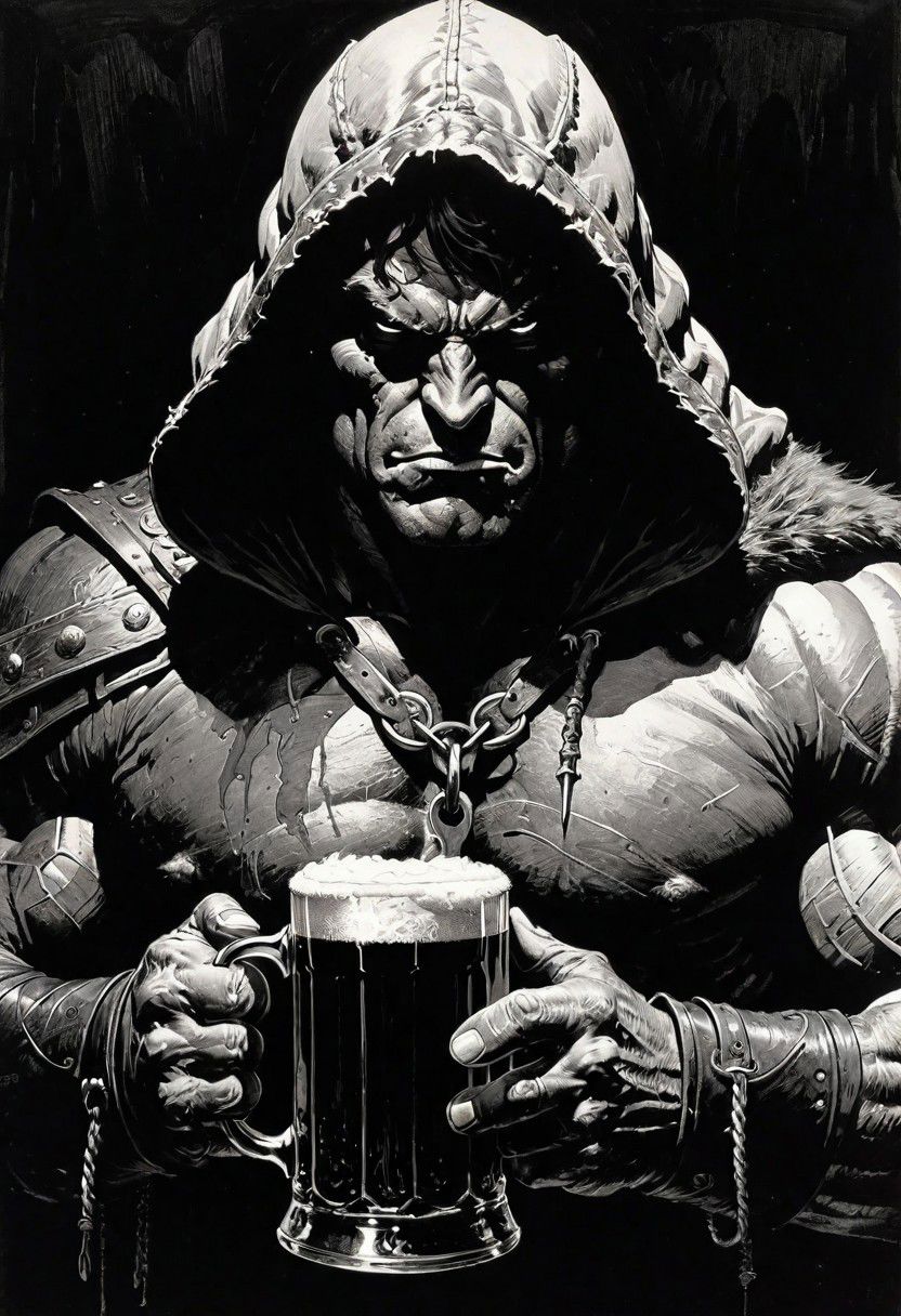highly detailed ink drawing in the style of Frank Frazetta. an extreme close-up on the face of a formidable muscular figure shrouded in a dark hood, holding a large mug of ale, in a rowdy tavern.
