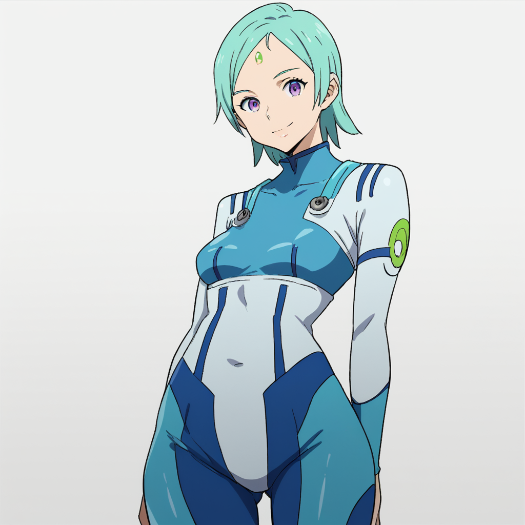 EAO, purple eyes, aqua hair, short hair, bodysuit, <lora:Eureka - Eureka Seven Astral Ocean-000015:1>, looking at viewer, cowboy shot, smile, white background, body, score_9, score_8_up, score_7_up, best quality, high quality, highres, standing,