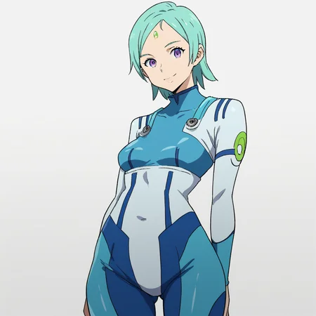 EAO, purple eyes, aqua hair, short hair, bodysuit, <lora:Eureka - Eureka Seven Astral Ocean-000015:1>, looking at viewer, cowboy shot, smile, white background, body, score_9, score_8_up, score_7_up, best quality, high quality, highres, standing,