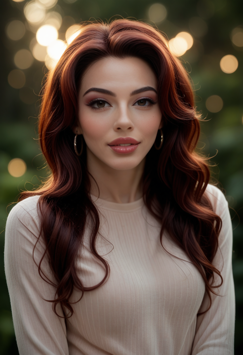 score_9, score_8_up, score_7_up, ArielD3mure, Ariel Demure,  <lora:ArielD3mure_r2-pony:1> 1girl, skin pores, 8k, skin texture, details, makeup, big lips, long hair, long sleeve shirt, (lipstick), parted lips, teeth, portrait, solo, looking at viewer, bokeh, focus, film, velvia, artistic, best quality, photograph, focus