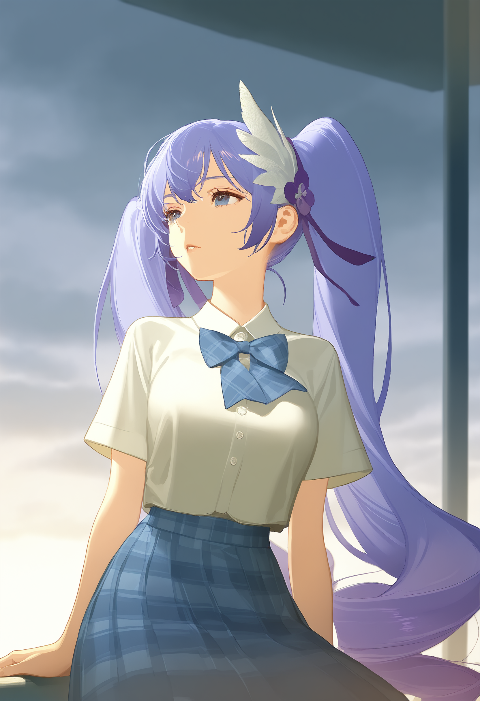 (1girl),(solo),xiangwan\(asoul\),blue eyes,twintails,purple hair, very long hair,hair ornament,drill hair,gradient hair,xiangwanjk,white feathers hair ornament,white shirt,short sleeves,bow tie,collared shirt,school uniform,plaid skirt,blue skirt,

artist:rei \(sanbonzakura\),artist:ask \(askzy\),artist:ningen mame,artist:doremi (doremi4704),

artist:rei \(sanbonzakura\),artist:ask \(askzy\),artist:ningen mame,artist:doremi (doremi4704),
looking into distance,melancholy expression,leaning on rail,gentle rain,(cloudy sky),(soft raindrops),(windblown hair),(somber mood),(quiet atmosphere),(soft focus),(wet hair),(lonely moment),(dim lighting),(windy),(pensive gaze),(elegant pose),(soft shadows),(rainy day),(peaceful sorrow),(serene ambiance),(cloudy sky with slight fog),(focused on girl),(wind rustling clothes),(gentle breeze),(reflective mood),(natural lighting),(detailed background with high-rise buildings),best quality,lifelike,detailed environment,tranquil atmosphere,cowboy shot,sitting,

masterpiece,best quality,very aesthetic,absurdres,newest,masterpiece,best quality,year 2024,newest,highres,absurdres,,
