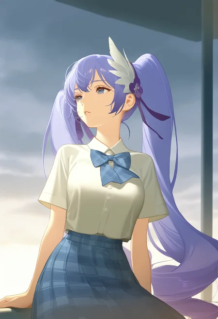 (1girl),(solo),xiangwan\(asoul\),blue eyes,twintails,purple hair, very long hair,hair ornament,drill hair,gradient hair,xiangwanjk,white feathers hair ornament,white shirt,short sleeves,bow tie,collared shirt,school uniform,plaid skirt,blue skirt,
artist:rei \(sanbonzakura\),artist:ask \(askzy\),artist:ningen mame,artist:doremi (doremi4704),
artist:rei \(sanbonzakura\),artist:ask \(askzy\),artist:ningen mame,artist:doremi (doremi4704),
looking into distance,melancholy expression,leaning on rail,gentle rain,(cloudy sky),(soft raindrops),(windblown hair),(somber mood),(quiet atmosphere),(soft focus),(wet hair),(lonely moment),(dim lighting),(windy),(pensive gaze),(elegant pose),(soft shadows),(rainy day),(peaceful sorrow),(serene ambiance),(cloudy sky with slight fog),(focused on girl),(wind rustling clothes),(gentle breeze),(reflective mood),(natural lighting),(detailed background with high-rise buildings),best quality,lifelike,detailed environment,tranquil atmosphere,cowboy shot,sitting,
masterpiece,best quality,very aesthetic,absurdres,newest,masterpiece,best quality,year 2024,newest,highres,absurdres,,