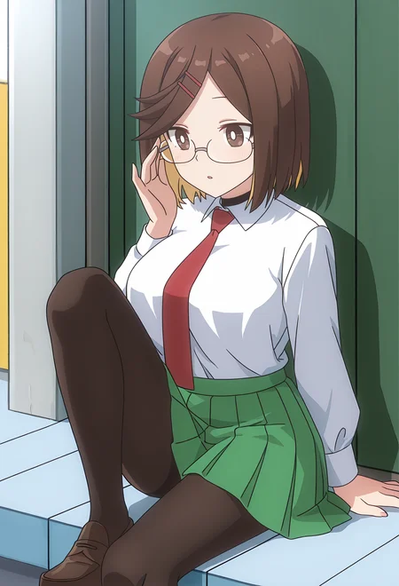masterpiece,best quality,
<lora:Koga_Konoha_v1.0_Illustrious-000040:1>,
Koga Konoha,brown eyes,brown hair,
hairclip,pleated skirt,red necktie,white shirt,black pantyhose,glasses,green skirt,brown footwear
