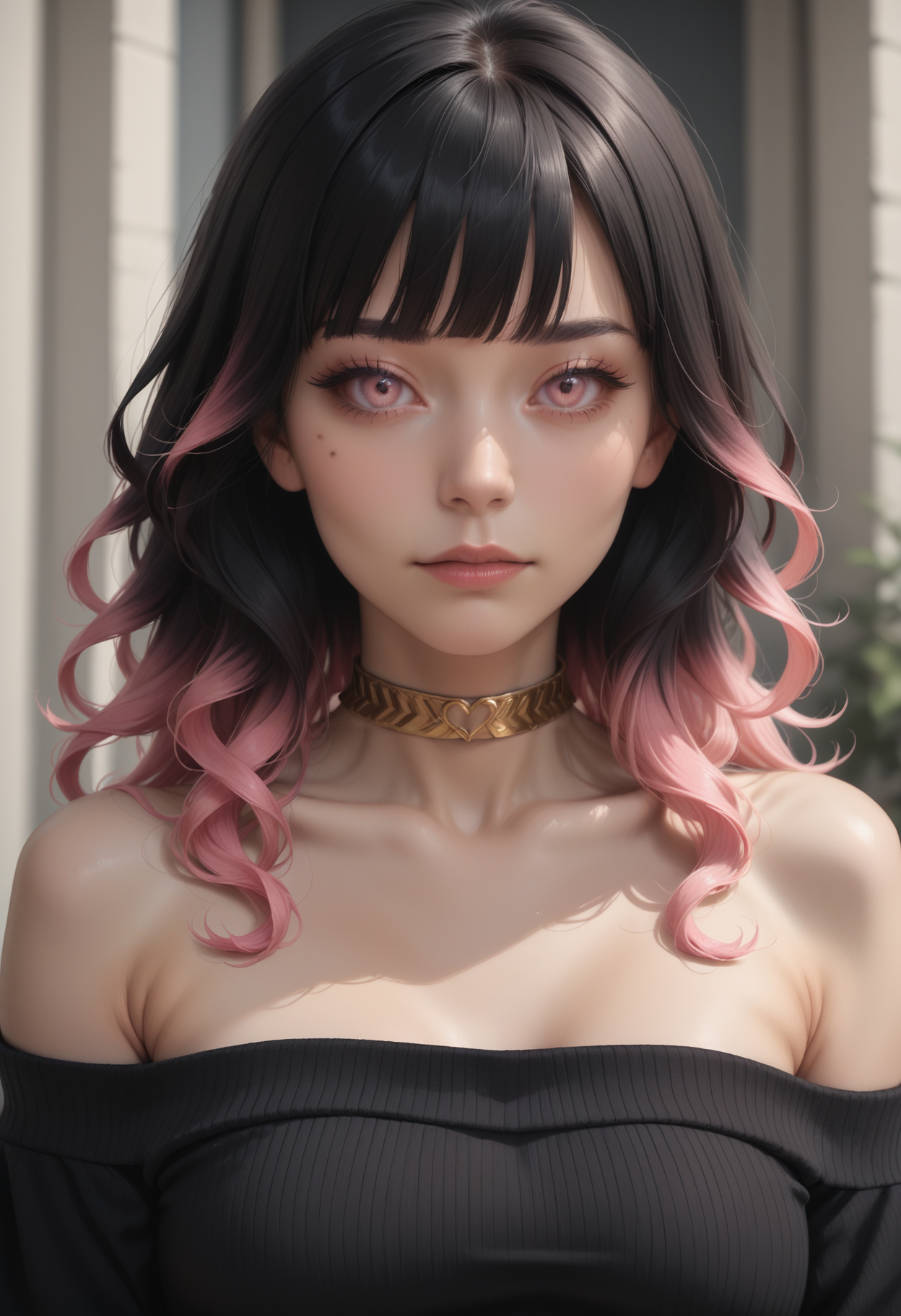score_9, score_8_up, score_7_up,
1girl, solo,
sweater dress:black sweater, strapless, scoop neck, short sleeves, bare shoulders, (gold choker),
upper body, depth of field, realistic,
 <lora:Dark_Kylie_Pony:0.5> d4rkkyl13, black hair:gradient hair:pink hair, pink eyes,