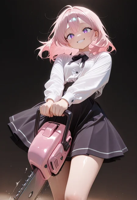 (masterwork, masterpiece, best quality, hyper-detailed, 8k uhd:1.4),
1girl, solo, CivChan, purple eyes, pink hair, medium hair, school uniform, standing looking sweet, coy, smiling sweetly, dark background,
holding a chainsaw, motion line, motion blur,
masterpiece, extremely aesthetic, highly detailed, dynamic composition, vibrant colors, vivid colors, saturated,
<lora:LoraILXL10_YamiStyle_v1:0.8> <lora:CivChan:1>