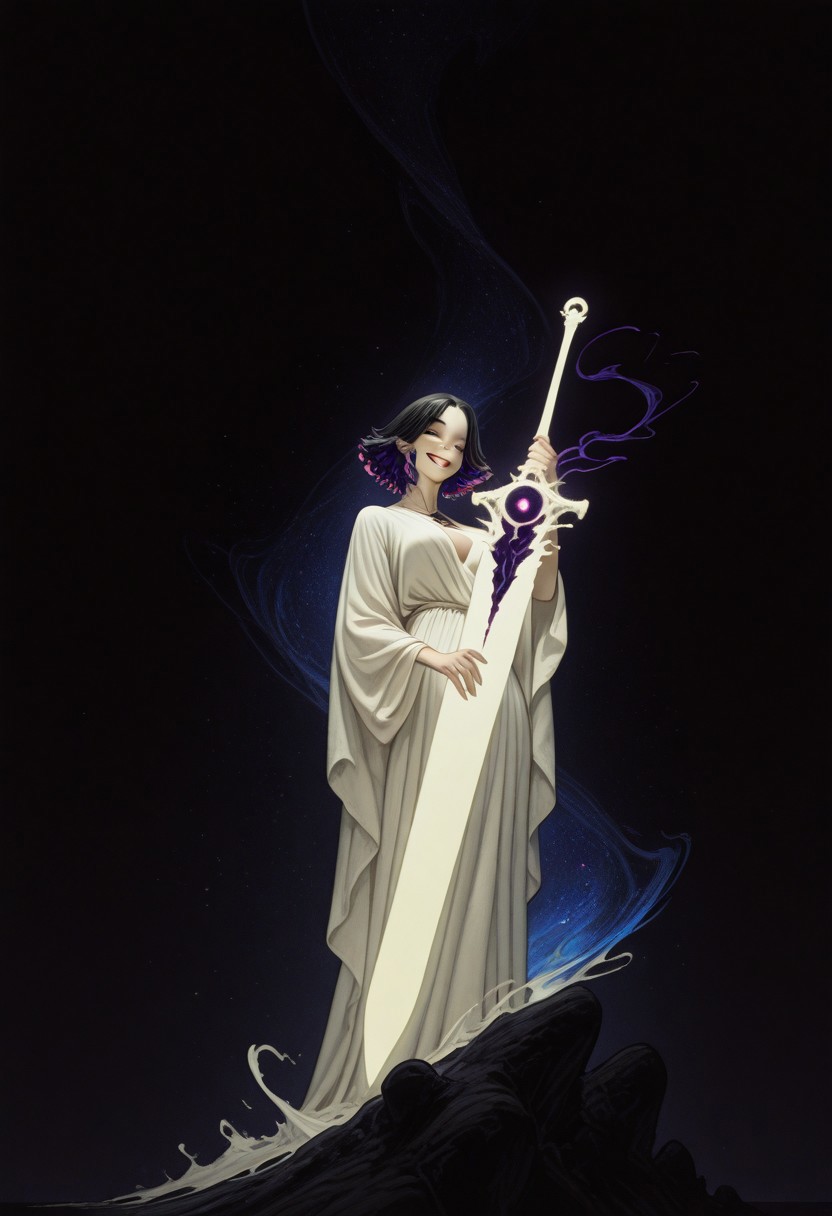 Bright, almost blinding monochrome manga sketch, minimal rough lines, seductive female embodiment of Death, long white robe flowing like liquid light, voluptuous woman, detailed face and hair, robe merging into surrounding glowing void, massive indistinct sword shimmering with unreal radiant energy, face as white void, wicked teasing grin piercing the light with eerie clarity, raw unfinished feel, heavy highlights, stark white contrasts, tense mysterious atmosphere, sketch texture, high contrast ink style, dynamic linework, abstract glowing space, unsettling visual tension, minimalist composition, light fantasy aesthetic, ethereal presence, subtle energy distortion, blinding brightness, 8k resolution, ArtStation trending, award-winning composition. giant sword, huge sword