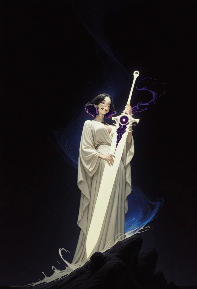 Bright, almost blinding monochrome manga sketch, minimal rough lines, seductive female embodiment of Death, long white robe flowing like liquid light, voluptuous woman, detailed face and hair, robe merging into surrounding glowing void, massive indistinct sword shimmering with unreal radiant energy, face as white void, wicked teasing grin piercing the light with eerie clarity, raw unfinished feel, heavy highlights, stark white contrasts, tense mysterious atmosphere, sketch texture, high contrast ink style, dynamic linework, abstract glowing space, unsettling visual tension, minimalist composition, light fantasy aesthetic, ethereal presence, subtle energy distortion, blinding brightness, 8k resolution, ArtStation trending, award-winning composition. giant sword, huge sword
