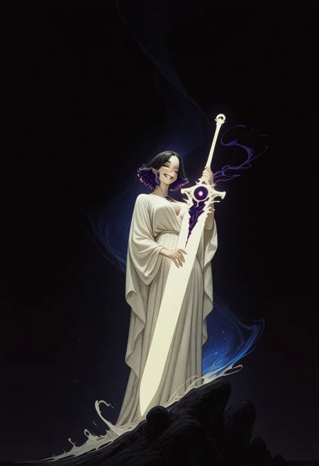 Bright, almost blinding monochrome manga sketch, minimal rough lines, seductive female embodiment of Death, long white robe flowing like liquid light, voluptuous woman, detailed face and hair, robe merging into surrounding glowing void, massive indistinct sword shimmering with unreal radiant energy, face as white void, wicked teasing grin piercing the light with eerie clarity, raw unfinished feel, heavy highlights, stark white contrasts, tense mysterious atmosphere, sketch texture, high contrast ink style, dynamic linework, abstract glowing space, unsettling visual tension, minimalist composition, light fantasy aesthetic, ethereal presence, subtle energy distortion, blinding brightness, 8k resolution, ArtStation trending, award-winning composition. giant sword, huge sword
