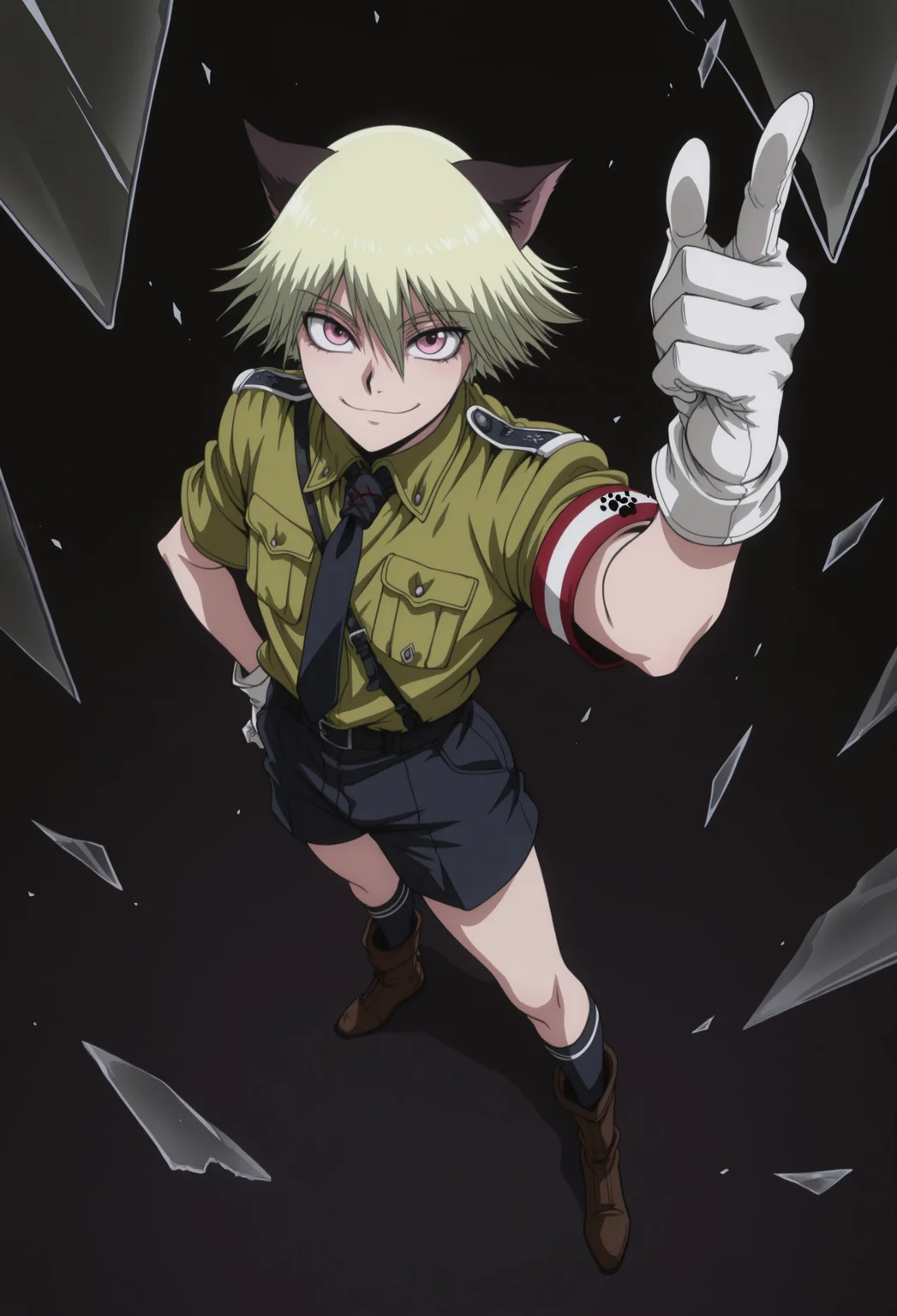 masterpiece, best quality, amazing quality, very aesthetic, absurdres, WOSchrödinger, 1boy, solo, male focus, blonde hair, short hair, cat ears, pink eyes, green collared shirt, black necktie, armband, white gloves, sam browne belt, black belt, black shorts, black kneehighs, brown boots, paw print, full body, dynamic pose, happy, broken glass, dark background, index finger up, perspective, looking at viewer, glass, glass shards,