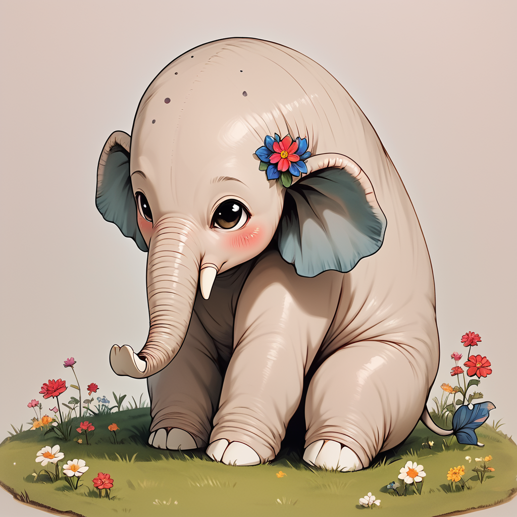 Score_9, score_8_up, score_7_up, score_6_up, BREAK  <lora:Delicate_WhimsyPony:1> ArsMJStyle, Delicate Whimsy, The image shows a drawing of an elephant with a flower in its trunk sitting on the grass. The elephant is white in color and the flower is a vibrant blue., flower, no humans, blush, sitting, hair flower, grass, solo, hair ornament, creature, simple background
