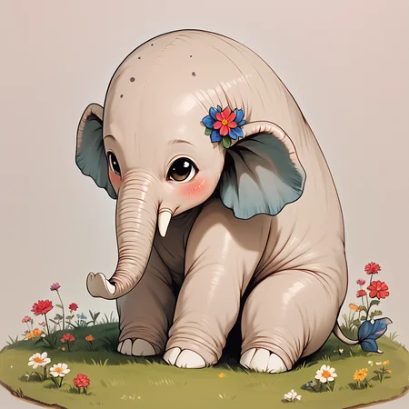 Score_9, score_8_up, score_7_up, score_6_up, BREAK <lora:Delicate_WhimsyPony:1> ArsMJStyle, Delicate Whimsy, The image shows a drawing of an elephant with a flower in its trunk sitting on the grass. The elephant is white in color and the flower is a vibrant blue., flower, no humans, blush, sitting, hair flower, grass, solo, hair ornament, creature, simple background