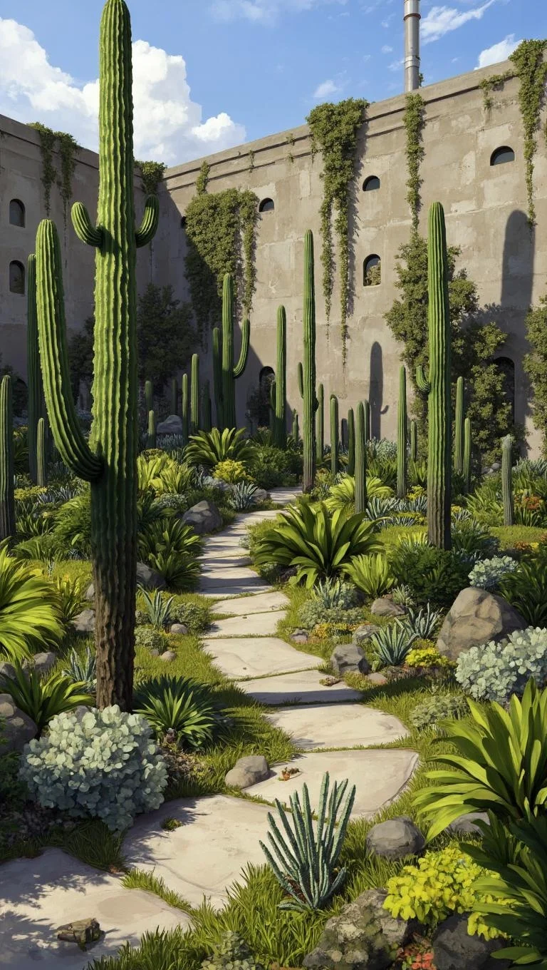 <lora:ck-LttleGhost-000011.safetensors:1> in the style of ck-lttlegh0stA sprawling desert garden covers a worn concrete wall, where succulents in varying shapes and greens thrive alongside towering columnar cacti. The scene is set against an industrial backdrop, with a winding stone path guiding the viewer through the tranquil, vibrant landscape.