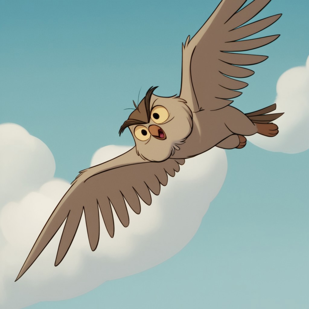 score_9, score_8_up, score_7_up, score_6_up, score_5_up, score_4_up, source_furry, Archimedesowl, feral, male, owl, brown feathers, yellow sclera, black eyes, flying, sky, clouds