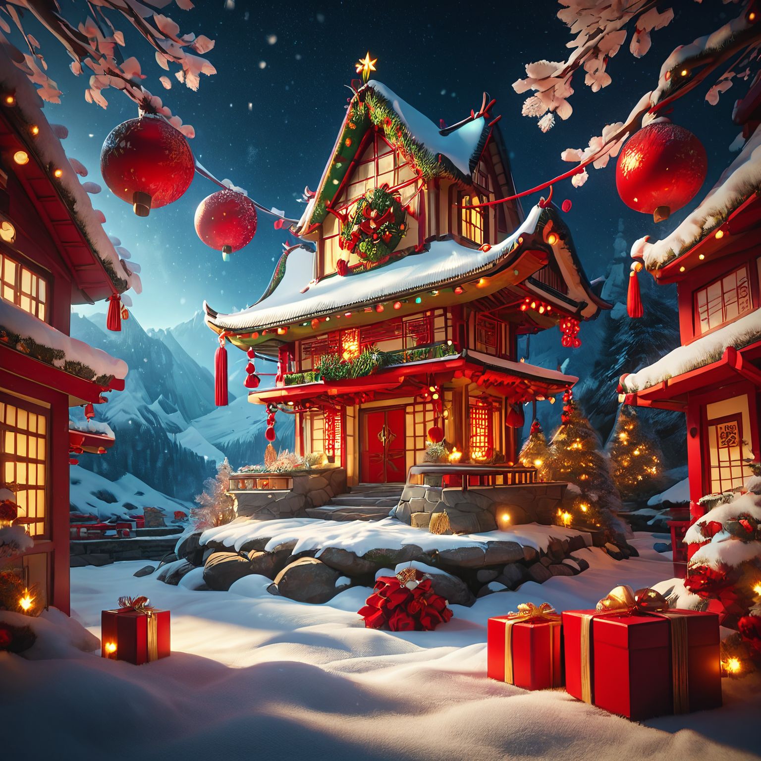 zPDXL3, score_9, score_8_up, score_7_up, perfect composition, high detail, best quality, highly detailed, award-winning, professional BREAK  magicalchristmas east asian architecture,  <lora:Magical_Christmas_Style - Pony:0.8>​​​