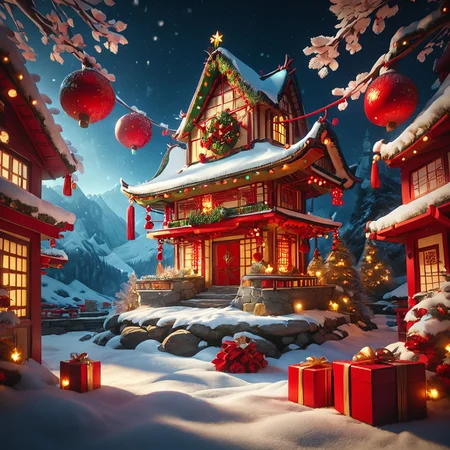 zPDXL3, score_9, score_8_up, score_7_up, perfect composition, high detail, best quality, highly detailed, award-winning, professional BREAK magicalchristmas east asian architecture, <lora:Magical_Christmas_Style - Pony:0.8>