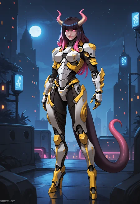 score_9, score_8_up, score_7_up, city at night, scenery, highly detailed, science fiction, metropolis, armor, full body shot, medium breasts, solo, (tail, female monster:1.1), blunt bangs, hair covering eyes, horns, pink and yellow straps, gradient hair, pink eyes, dreamy eyes, light smile,
<lora:ArmorPunkV3-000002:1>, arm0rpunk, high contrast, vibrant colors,