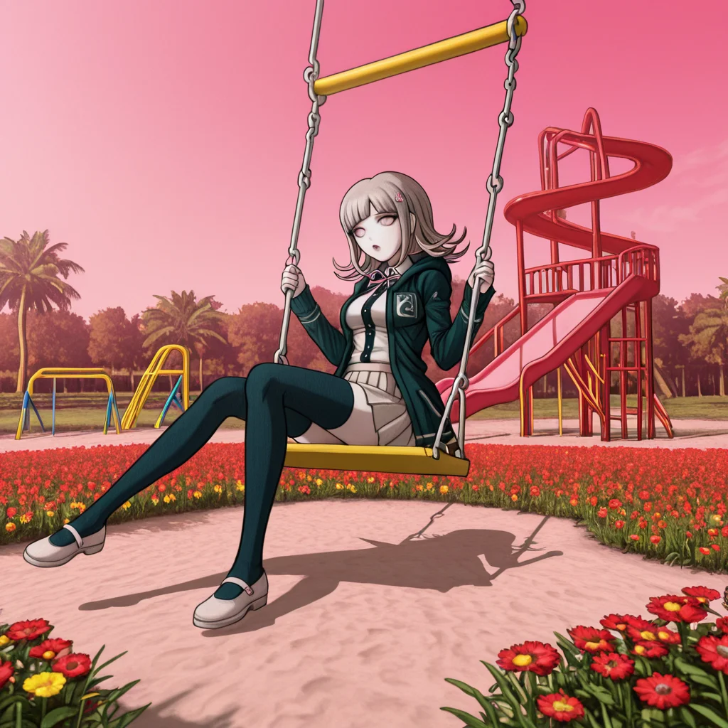 masterpiece, best quality, absurdres, <lora:Danganronpa_Locations:1>, danganronpa sprite style, danganronpa_sprite_style , <lora:Chiaki_Nanami_Illustrious:0.2>,danganronpa_(series), danganronpa_2:_goodbye_despair, nanami_chiaki,1girl, breasts, brown_hair, collared_shirt, flipped_hair, hair_ornament,hood, jacket, long_sleeves, medium_hair, neck_ribbon, open_clothes, open_jacket, pink_eyes, pink_ribbon, pleated_skirt, ribbon, shirt, skirt, solo, spaceship_hair_ornament, thighhighs, white_shirt, shoes, pink_shoes , pink_background,heart_pattern,playground,slide,swing,sunflowers,pink_swing_set,red_slides,white_floating_hearts,flower_bed,yellow_flowers,red_flowers,sunny_environment,clear_sky,bright_light,outdoor_scene,pink_and_red_theme,floating_objects,colorful,danganronpa,danganronpa_(series),danganronpa_2:_goodbye_despair,danganronpa 2,danganronpa sprite style,danganronpa_sprite_style