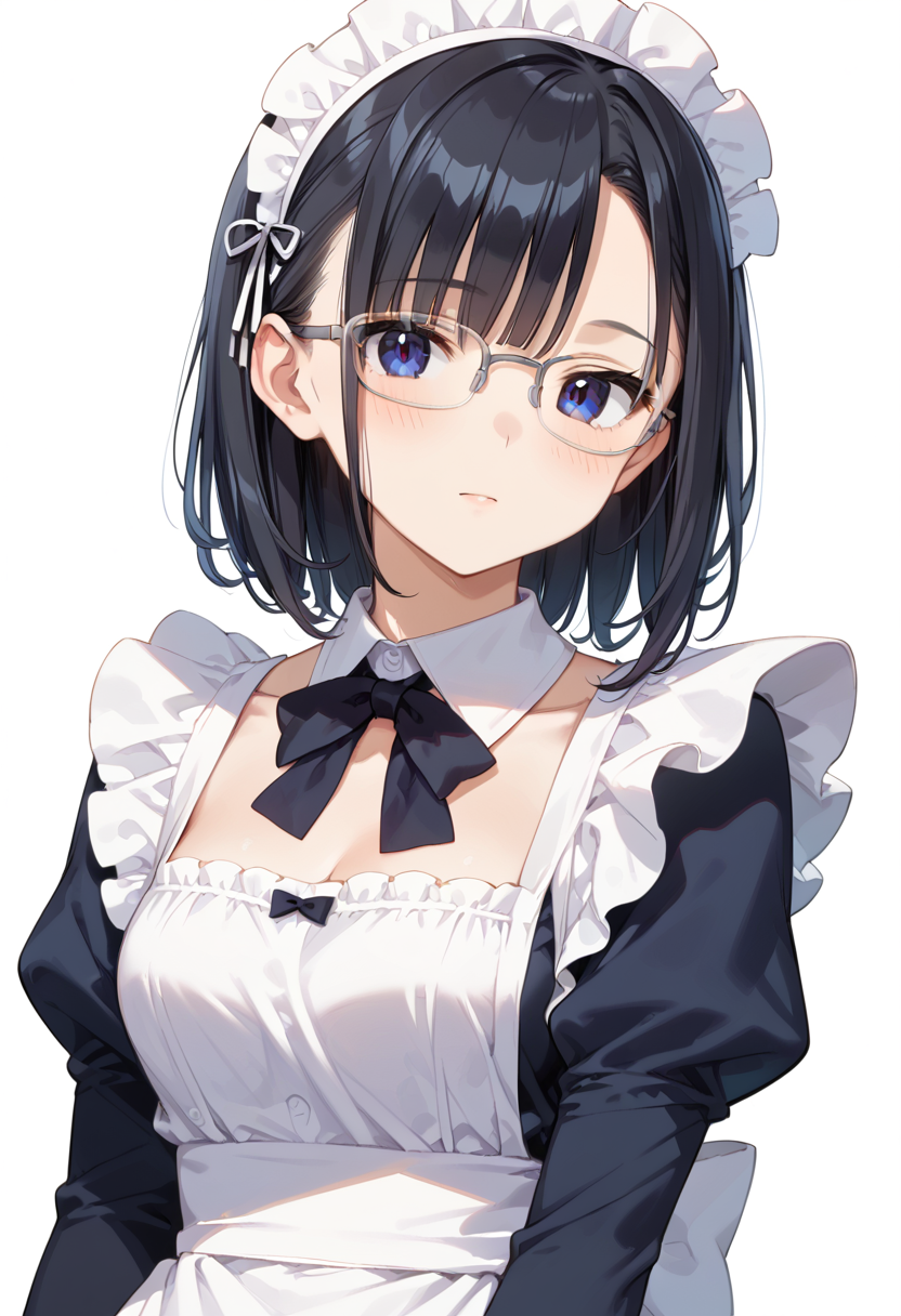 score_9, score_8_up, score_7_up, rating_safe, masterpiece, best quality, absurdres, unity 8k wallpaper, official art, official style, source_anime, uncensored, game cg, megami magazine,
1girl, solo, black hair, medium hair, upper body, covered eyes,maid, maid headdress, black dress, maid apron, face focus,
halfrim22A,  still life, white background, simple background, grey-framed eyewear,
 <lora:glasses_halfrim22A_PONY_V1:1>