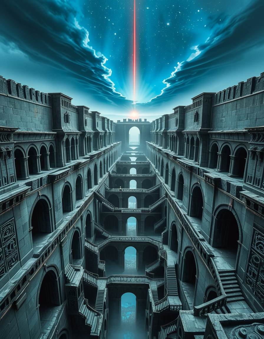 A vast, nightmarish labyrinth stretching endlessly into the horizon, its architecture a fusion of brutalist and gothic styles. The towering stone walls are cold, weathered, and adorned with eerie, ancient carvings. Deep chasms divide the labyrinth, revealing endless layers of arches and staircases that descend into an abyss of darkness. The atmosphere is thick with an unsettling silence, broken only by distant whispers and echoes of unseen entities.
A strange, ominous red beam pierces the sky from a distant point at the horizon, casting an eerie glow over the surreal landscape. The sky above is an unnatural, deep blue, devoid of stars, shrouded in a thick, ominous haze. Shadows stretch unnaturally long, twisting and shifting as if alive.
The entire scene evokes a sense of isolation and dread, as if trapped in an inescapable nightmare. The labyrinthâs geometry seems almost impossible, defying logic with staircases leading to nowhere and corridors looping endlessly. A place where time feels distorted, and reality itself is uncertain.
Style & Mood:
    Dark surrealism, Lovecraftian horror
    Cinematic, high-detail, eerie lighting
    Atmospheric perspective, emphasizing scale and depth
    Inspired by the works of ZdzisÅaw BeksiÅski and H.R. Giger
<lora:SDXLFaeTastic2400:0.4> <lora:extremely_detailed:0.4> extremely detailed, <lora:nightmarish_l4byr1nth:1>,nightmarish l4byr1nth, Masterpiece,best quality,hi res,8k,hi res,8k,award winning,(sharp focus, intricate, highly detailed),
