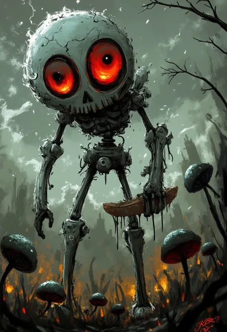 A whimsical illustration of a towering, skeletal warrior with massive, blood-red eyes like burning coals, in dark whimsical art style, standing amidst a battlefield of twisted metal and broken machinery, their impossibly long arms wielding a rusted sword dripping with oil, surrounded by toxic green mushrooms and withered black roses, digital painting with rough, aggressive brushstrokes creating texture like corroded metal and rust, backdrop of a burning industrial wasteland under storm clouds, characteristic Tim Burton inspired design with the warrior's enormous eyes gleaming with mechanical malice through a cracked skull-like mask.