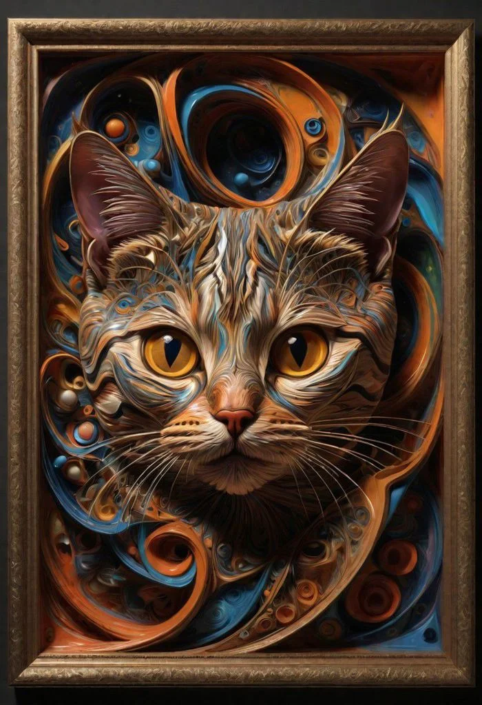 Cats, in the outta realms of your mind, abstract details, distinctive visuals, Intricate, (3D Framed, Cat)
