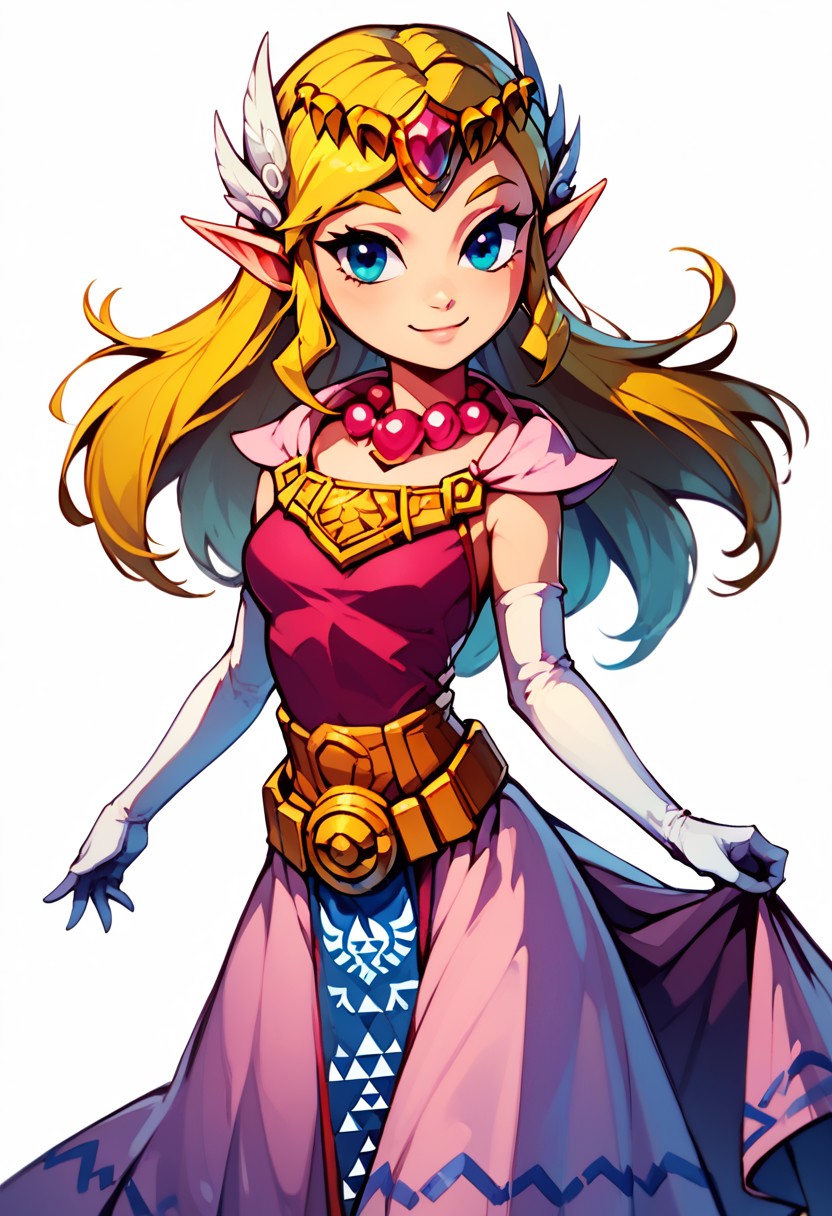 score_9, score_8_up, score_8, medium breasts, (curvy), cute, eyelashes,
BREAK,
score_9, score_8_up, score_8, medium breasts, (curvy), cute, eyelashes, zzToonZelda, smile, gloves, dress, jewelry, elbow gloves, belt, necklace, tiara, triforce, simple background, white background, bead necklace, gold necklace,
zPDXL, Expressiveh