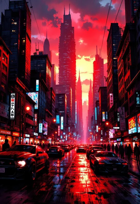 inksketch on rice paper in red and black, traditional japanese art image, cyberpunk cityscape, skyscrapers at sunset, neon signs, video screens, mythp0rt