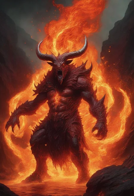 ferrous fire breathing, ghoulish, ghastly horned elemental in a hellish fiery lava filled environment. decimating everything in rage all around it. A lone wizard figure using magic to manipulate water to extinguish fires. OverallDetailXL