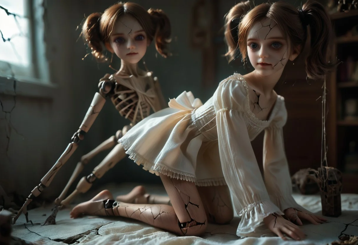 masterpiece, ultra detailed, detailed background, (cr@ckedp0rcelainT2),detailed face, 4k, HD, 8k, highres, antialiasing, detailed, texture, an ol doll, doll joints, evil smile, (cracked skin:1.75), cr@ckedp0rcelainT2, sweetegl, sweetop, swe3tjsk, bl0use,
full body portrait of a tattered dusty old creepy voodoo doll, with a old dirty frill mini dress, all fours,
twin tails, petite, skinny, round face, freckles, brown hair, large breasts, perfect round breasts, big erect nipples, extremely narrow waist,
wearing a long dusty stained patchwork dress, haunted scene, spider, webs and potions on shelf, horrific details, very detailed,
arcane circle, eye level angle, intricate details, highly detailed, insanely detailed, 8K, hd, cinematic lighting, centered compositon, photorealistic, high resolution, hyper-realistic, ultra-detailed, cinematic lighting, rim lighting, volumetric lighting, sharp focus, shallow depth of field.