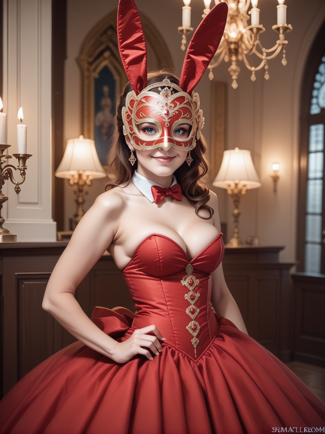 score_9, score_8_up, score_7_up, score_6_up, score_5_up, score_4_up, realistic, photograph,
1girl wearing a red (masquerade dress), <lora:masquerade_dress-PD-1.0:1>
ballroom, coy smile, large breasts, pose, chandelier, candlelight, cinematic, bokeh, rabbit mask, playboy bunny,