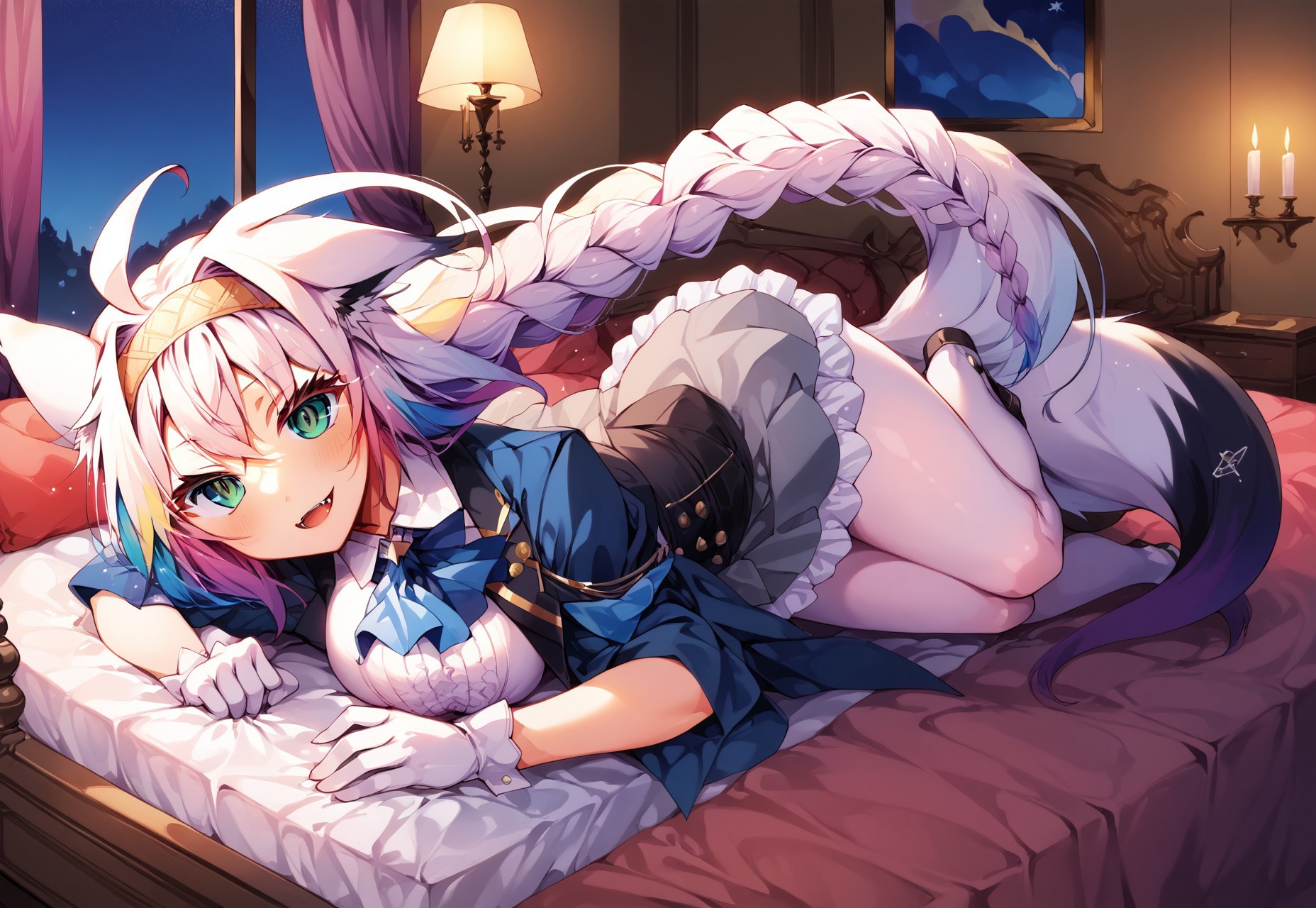 safe_pos, safe_pos, safe_pos, safe_pos, safe_pos, safe_pos, score_9, score_8_up, score_7_up, score_6_up, masterpiece, source_anime, high quality, perfect face, detailed eyes, perfecteyes, perfect balance, detailed face, perfect lighting, detailed background, uncensored, newest, absurdres, highres, very aesthetic, indoor, bedroom, bed, big bed, luxury bed, windows, night, 
uncensored, 
fubuki, white hair, single side braid, ahoge, piercing, fox tail,
fubuki_elegant, braided ponytail, blue coat, blue ascot, corset, collared shirt, grey skirt, frilled skirt, white pantyhose, white gloves, hairband, white hair, piercing, fox tail,
 1girl, solo, open mouth, smile, large breasts, pleasured, full body, long legs, larger female, tall female, looking at viewer, long calves, long legs, thin thighs, tall_girl,long_legs,  lying on bed, half closed eyes, naughty face, multicolored hair, from above, fangs