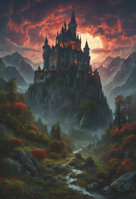 A captivating night scene illustration featuring a forboding and haunted castle on a great great mountain. The castle and mountain are much like Neuschwanstein Castle in Bavaria. This enchanting artwork captures a dark and ominous night, where an ominous red bloodmoon hangs above over the tree covered mountain range and castle which stands resolute amidst the great mountains, creating a cinematic experience., illustration, cinematic
<lora:DonM3t3rn1tyXL-v1.1:0.7>, DonM3t3rn1tyXL,
OverallDetailXL <lora:MJ52:0.3> <lora:SDXLFaeTastic2400:0.4> <lora:EpicF4nta5yXL:0.7>