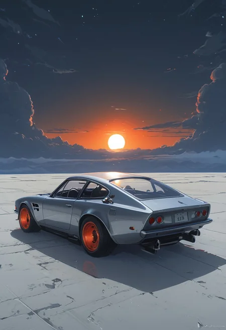 DB4RZ style painting,DB4RZ style painting,(in Otomo Katsuhiro style:1.2), rmbt, a sleek, silver car with glowing red eyes zooms through the vast expanse of space. The sun sets behind it, casting an orange glow on the horizon. In the distance, Cosy, (elaborate fine details:1.1), (hyperdetailed:1.1), (intricate details:1.0), (Refined details:1.1), (best quality:1.1), (high resolution:1.2), <lora:FLUX\Anime v1.3:0.6> <lora:FLUX\Elden_Ring_-_Yoshitaka_Amano:0.5> <lora:FLUX\RetroAnimeFluxV1:0.4> <lora:FLUX\Comic book V2:0.8> <lora:FLUX\PrismaticPersona:0.7>
