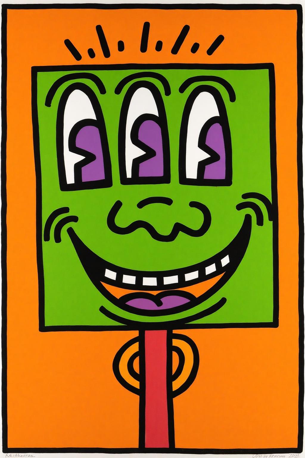 keithharing1 pop art illustration.
A pop art illustration of a green square face with three eyes, a large mouth, and a bright orange background. <lora:keithharing1_cap_d6a3:1.0><lora:834310969627915102:0>