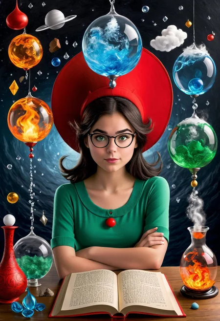 What if the Master of Elements was an playful 18 year old girl, photrealistic, Dr. Seuss style