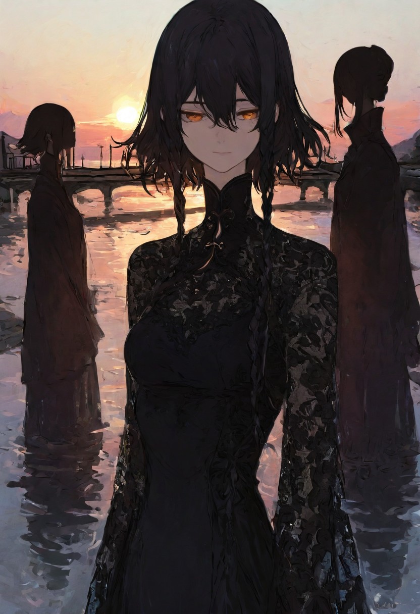 Niji_anime, High-resolution anime-style illustration with impressionistic influences, upper body shot of a young woman standing on a quiet riverside promenade, golden sunlight reflecting off the gentle waves. She wears a refined black-and-white dress with delicate lace details, high collar, and a cinched waist, its elegant fabric swaying lightly in the breeze. Her long, dark hair is intricately braided, a few loose strands catching the warm glow of the setting sun. Her amber eyes gaze thoughtfully at an old stone bridge in the distance, where the silhouettes of cyclists and pedestrians pass under the evening sky. Soft painterly brushstrokes blend warm earth tones with delicate pastels, evoking a serene and nostalgic atmosphere <lora:Comic_Style_-_FLUX:0.6> <lora:Niji_anime_style_flux:0.8>