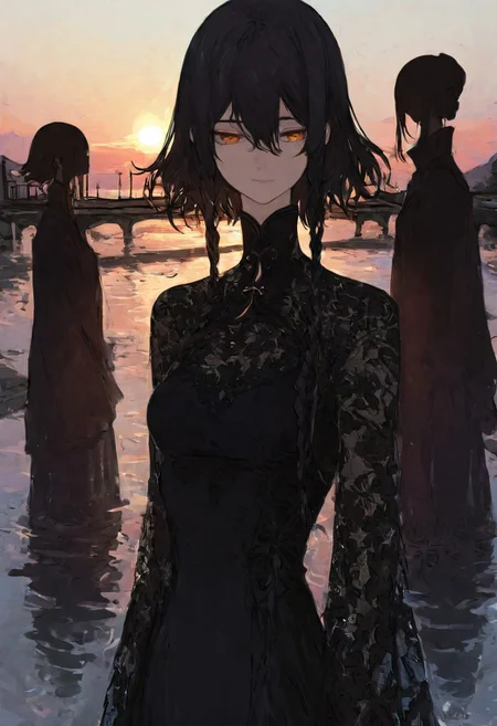 Niji_anime, High-resolution anime-style illustration with impressionistic influences, upper body shot of a young woman standing on a quiet riverside promenade, golden sunlight reflecting off the gentle waves. She wears a refined black-and-white dress with delicate lace details, high collar, and a cinched waist, its elegant fabric swaying lightly in the breeze. Her long, dark hair is intricately braided, a few loose strands catching the warm glow of the setting sun. Her amber eyes gaze thoughtfully at an old stone bridge in the distance, where the silhouettes of cyclists and pedestrians pass under the evening sky. Soft painterly brushstrokes blend warm earth tones with delicate pastels, evoking a serene and nostalgic atmosphere <lora:Comic_Style_-_FLUX:0.6> <lora:Niji_anime_style_flux:0.8>