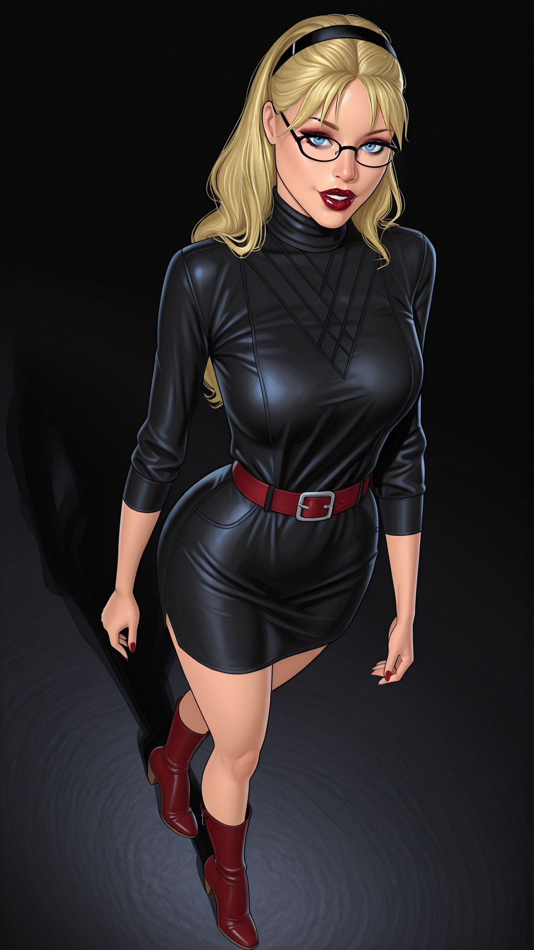 <lora:MoriiMee_Gothic_Niji_Style_Illustrious_r1:0.3>, artist:moriimee, <lora:meinfischer:0.7>, sxy5tyle, masterpiece, best quality, highres, sharp focus, cinematic lighting, hdr, high contrast, empty background, dark background, dynamic angle, full body view, from above BREAK
<lora:Sarah_Davenport_Illustrious_Darklord:0.9>, 1girl, solo, dksarahdavenport, blue eyes, glasses, makeup, dark red lipstick, dark red eyeshadow, eyeliner, blonde hair, hair band, black dress, belt, short dress, heel boots, walking, looking at viewer,