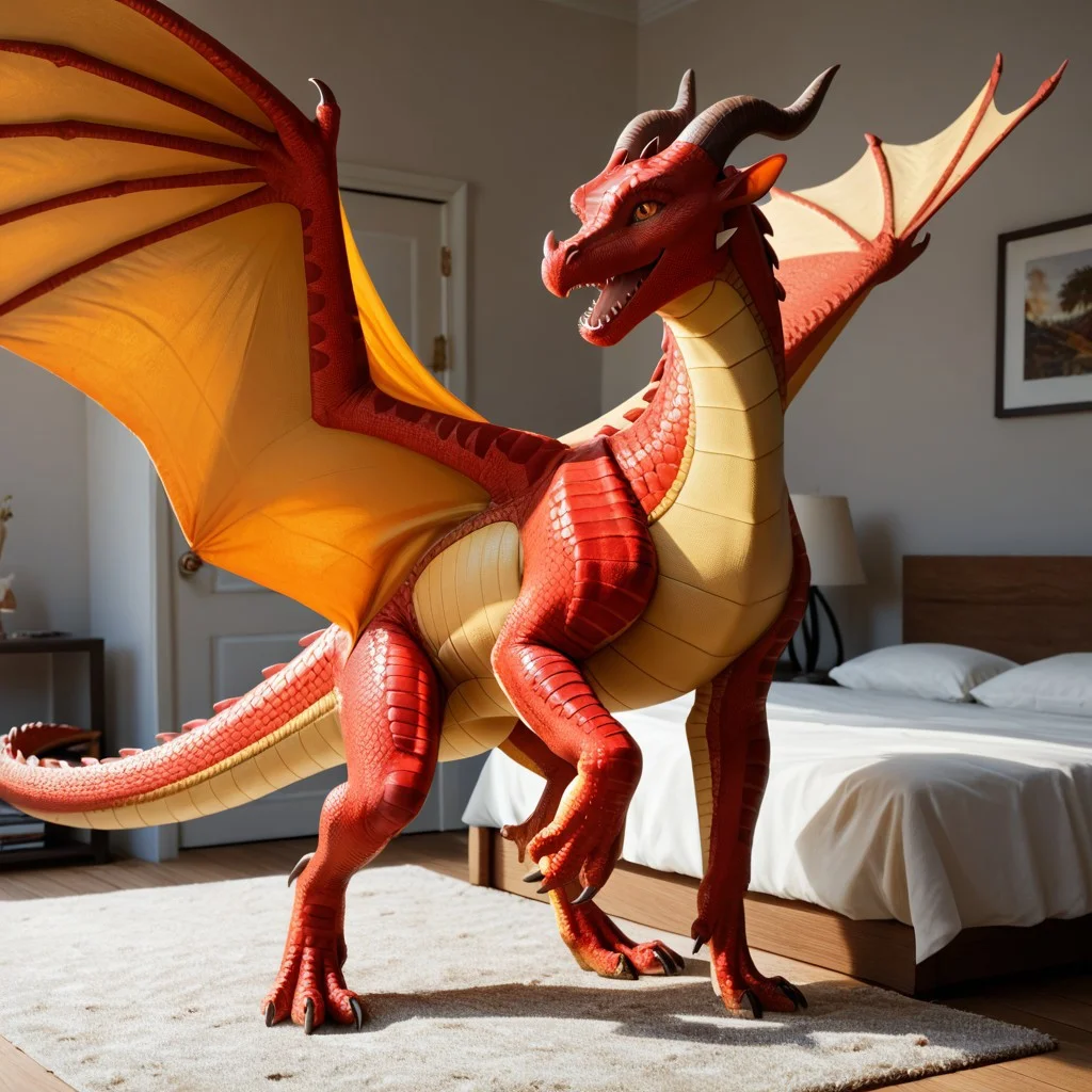 score_9, score_8_up, score_7_up, score_6_up, score_5_up, score_4_up, masterpiece, high quality, realistic, detailed, best quality, solo, rating_safe, source_furry, bedroom, smiling, open mouth smile, happy, detailed eyes, detailed face, (looking at viewer), standing, skywing_wof, dragon, scales, red scales, wings, tail, horns, claws, 1girl, female, orange eyes, feral, spread wings