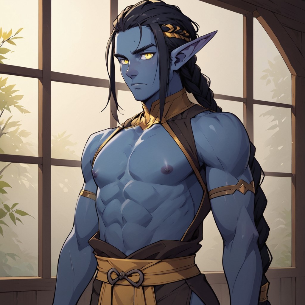 solo, elf male,  blue skin, very long black hair, braid hairstyle, thin body,  small normal ears, monk clothes, yellow eyes, open nipples