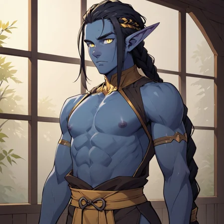 solo, elf male, blue skin, very long black hair, braid hairstyle, thin body, small normal ears, monk clothes, yellow eyes, open nipples
