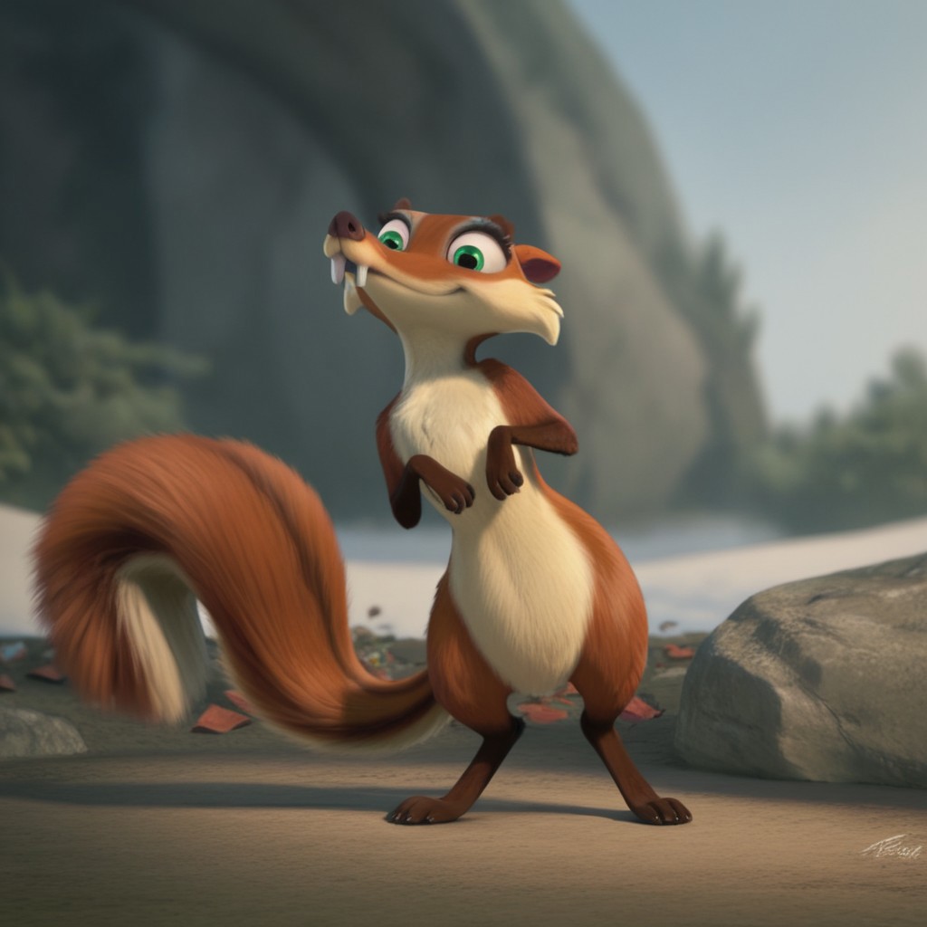 score_9, score_8_up, score_7_up, score_6_up, score_5_up, score_4_up, source_furry, Scrattedotd, semi-anthro, female, squirrel, orange-brown fur, green eyes, fangs, standing, outside,