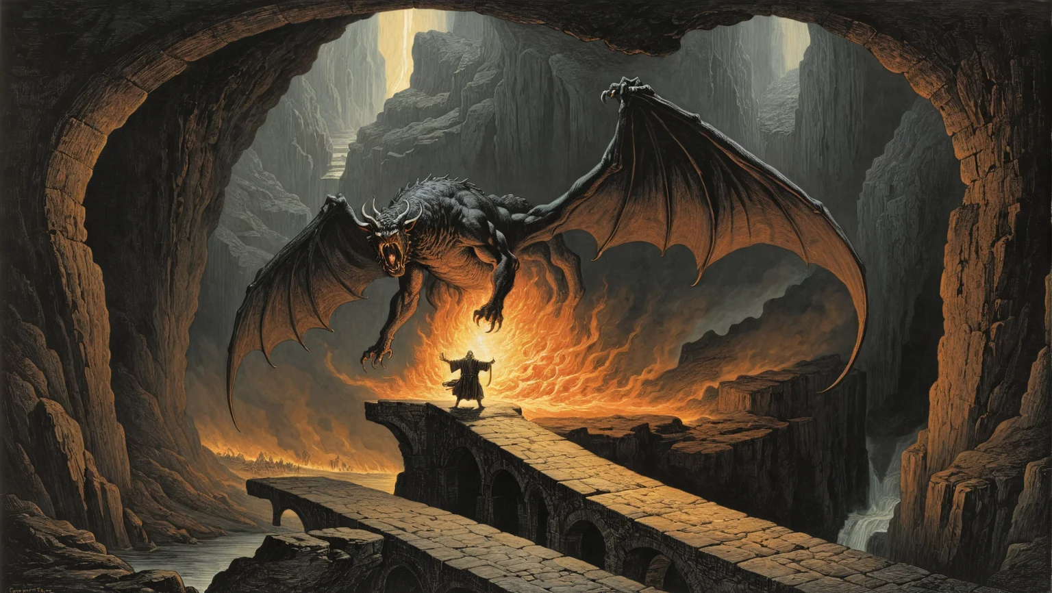 (woodcut illustration:1.2) in detailed gustavedore style, , crisp even lines, high contrast, Tenebrism,
The Balrog on the Bridge of Khazad-dÃ»m: Gandalf faces the Balrog on a narrow stone bridge over a deep chasm. The cavern is lit by the Balrogâs fiery presence, creating a dramatic and fearsome confrontation scene., directed by peter jackson
by gustave dore <lora:GustaveDore_StyleXLv6.1:0.5>  <lora:xl_more_art-full_v1:0.25> <lora:add-detail-xl:0.45>