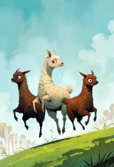 ppstorybook, A medium close-up of three differently colored alpacas leaping elegantly in the air across a meadow. They have longer hair and look very fluffy. The alpaca on the left is facing the camera, while the other two are facing the right. They are all facing the same direction, and their bodies are slightly angled to the left. The back of the alpaca is slightly angled towards the left side of the image, and the front of the one on the right is facing towards the right side. Behind them is a white fence, and in the background is a blue sky with white clouds.