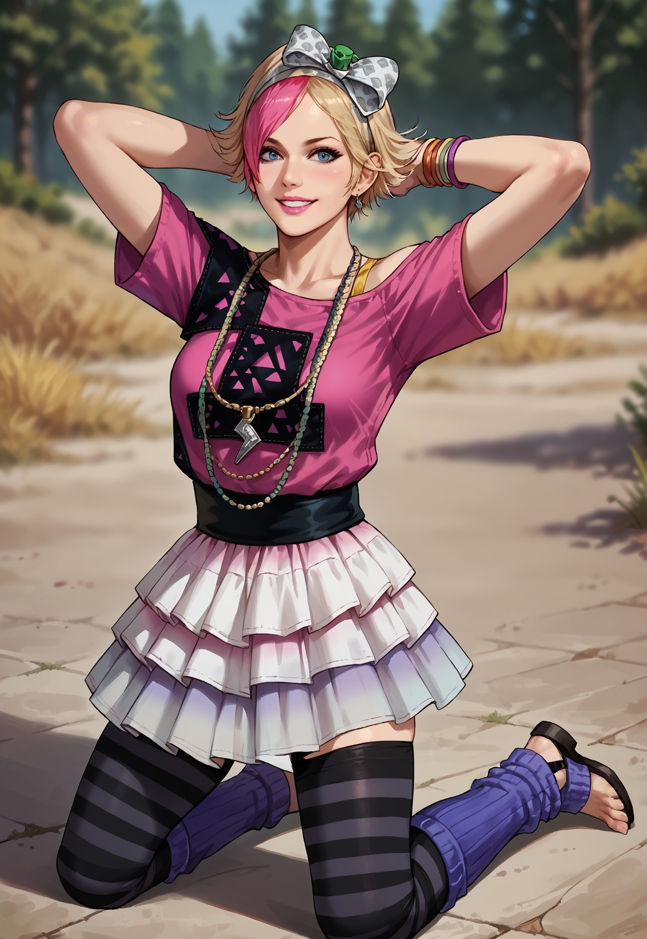 safe_pos, Score_9_up, score_8_up, score_7_up, source_realistic, BREAK smile, 1girl, solo, 1girl, RosalindLPC, hair bow, two-tone hair, makeup, shirt, off the shoulder, necklace, pendant, bracelets, bra strap, layered skirt, striped thighhighs, leg warmers, kneeling, hands behind head,