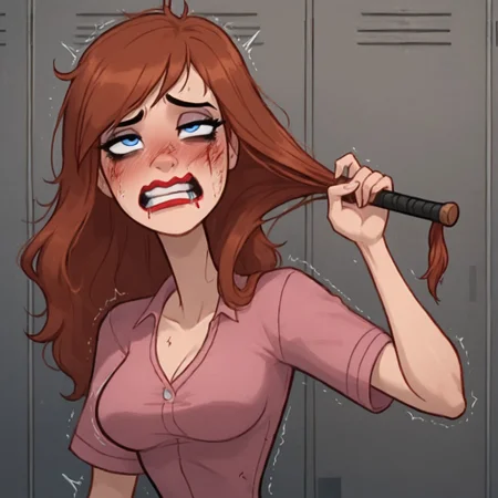 score_9, score_8_up, score_8, 1girl , Nikki Cox, Tiffany Malloy, grabbing hair, 1girl, solo, petite, petit, 18 year old, big breasts, soarse face, school, lockers, slap, slap in face, slap in her face, slapped, bangs, slap by baseball bat, shaggy mullet, blue eyes, auburn hair, big funnel nose, hair, tight mini pink dress,long legs, tall, ragged clothes. crumpled hair, bad hair,dirty clothes, wrinkled clothes,one eye higher than another, twisted mouth, messed hair, messy hair, in love, extremely in love, blush, arousal, seductive, seductive face, shaking, destroyed face, destroyed body, awful skin face, long hair, makeup, lipstick, young, skinny, narrow waist, fragile, sexy, perfect body,detective betheerz dress, dynamic pose, posing, wounds, hit herself, selfharm, self harm, wounds on face, wounds on body, extreme amount of wounds, wounds everywhere, tired, tired af, extremely tired, tired eyes, huge amount of tireness, absolutely tired, bags under eyes, shiners, stupid, dumb, extremely stupid, extremely dumb, no brain, brain damage, stupid blonde, extremely stupid blonde, blue eyes, eye twitching, nervous eye twitching, extremely hard eye twitching, totally burnt hair, sexy, horny