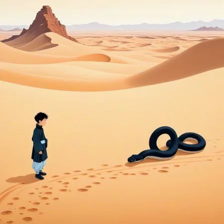 little prince meet a snake on a desert
Sinoink, little thunder style,
BL4CK3STBL4CK, black_theme, matte_color, flat color, sn4ke