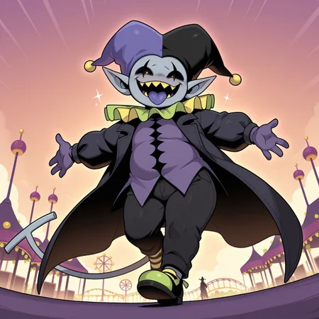 masterpiece, best quality, amazing quality, jevil, 1boy, solo, full body, jester, colored skin, grey skin, tail, hat, pointy ears, sharp teeth, colored sclera, colored tongue, black coat, purple shirt, purple gloves, black pants, shoes, BREAK, (amusement park:1.2)