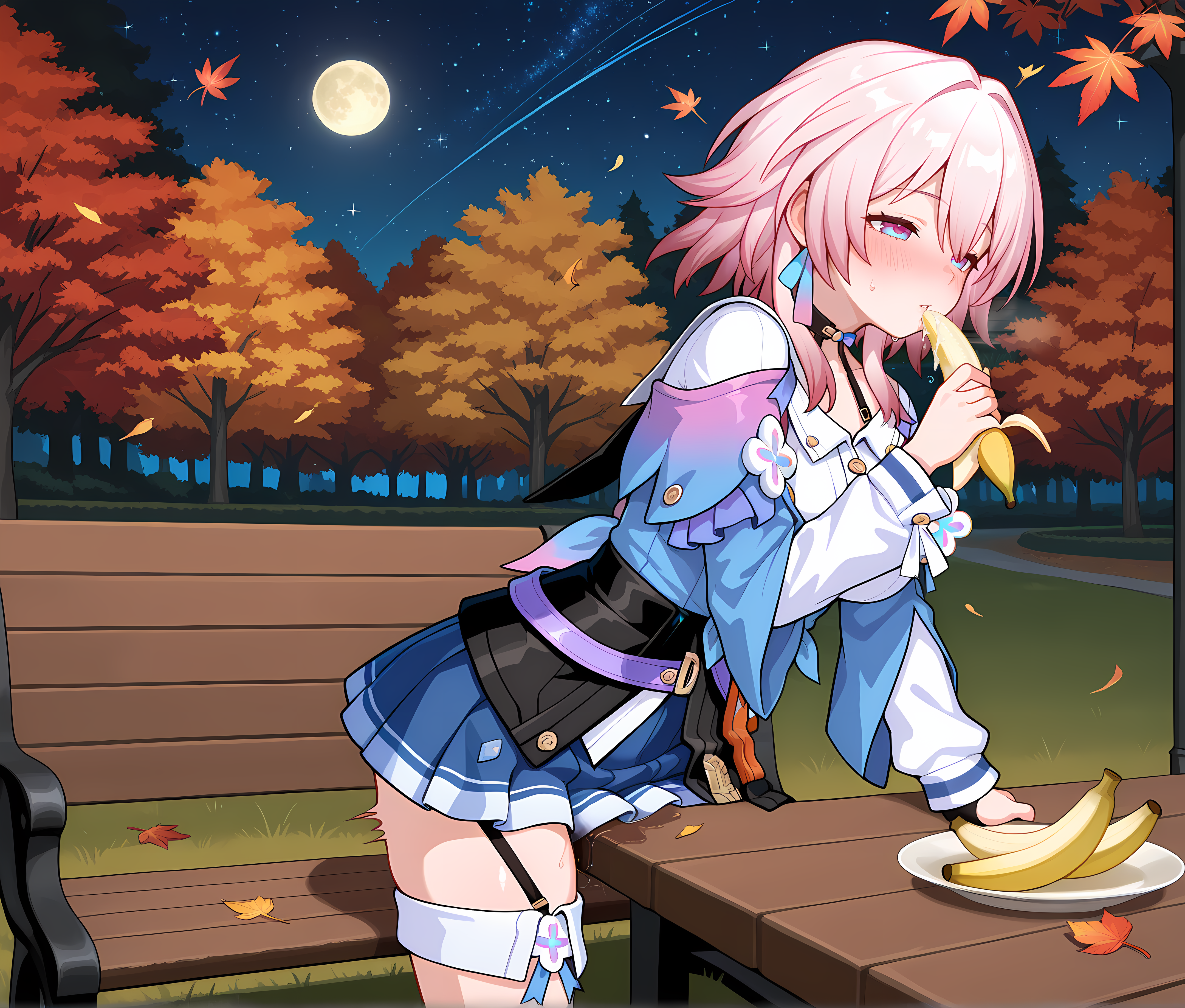 solo,<lora:Table_Masturbation:0.9>,tablegrind,march 7th \(honkai: star rail\),eating,banana,sexually suggestive,oral,outdoors,park,park bench,forest,tree,foliage,flower,grass,trail,nature,autumn leaves,falling leaves,night,night sky,full moon,starry sky,stealth masturbation,parted lips,blush,half-closed eyes,in heat,thigh straddling,, masterpiece,best quality,amazing quality, very aesthetic, absurdres,detailed eyes,ultra-detailed,